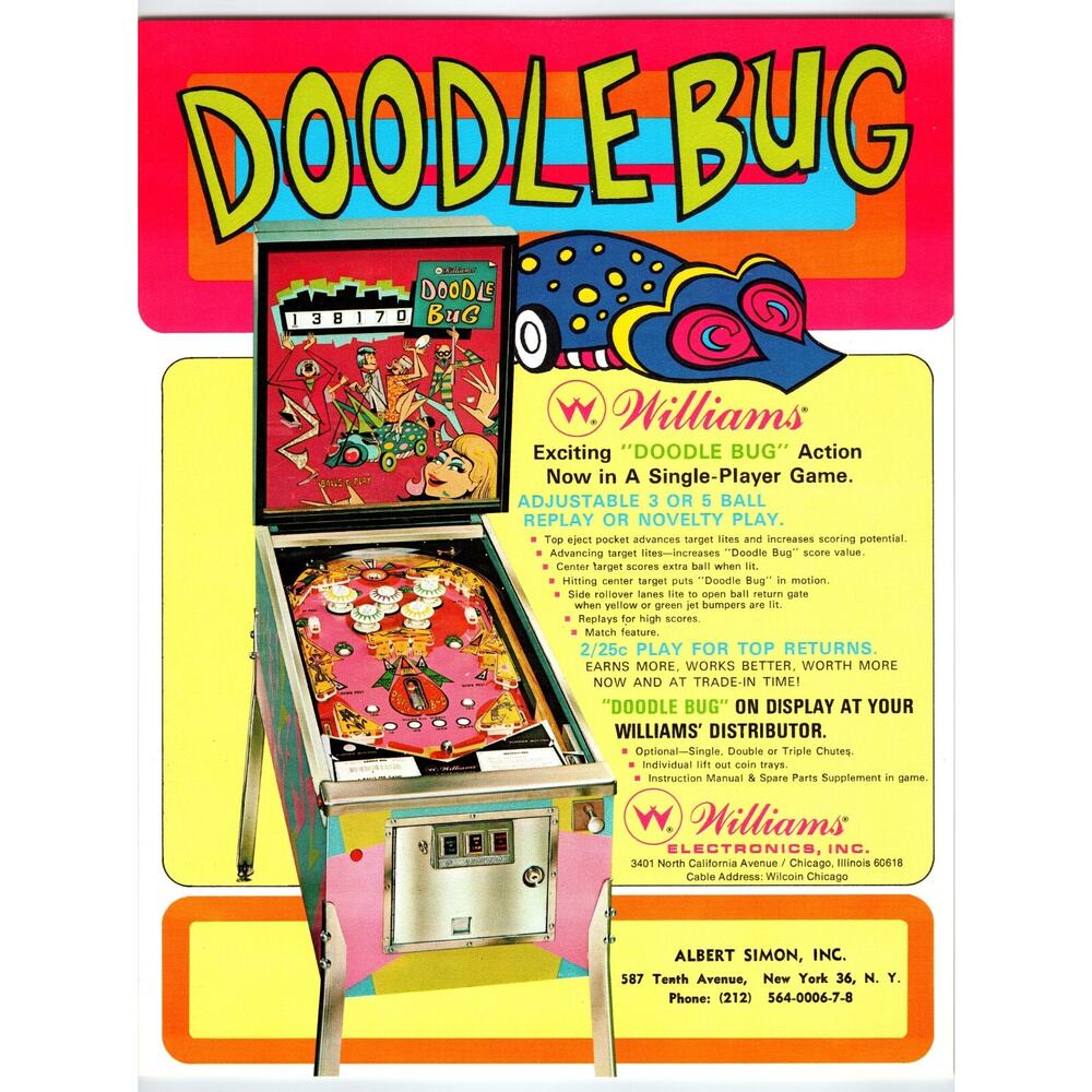 Doodle Bug Pinball Machine FLYER Original 1970 Retro Game Pop Art 8.5" x 11"